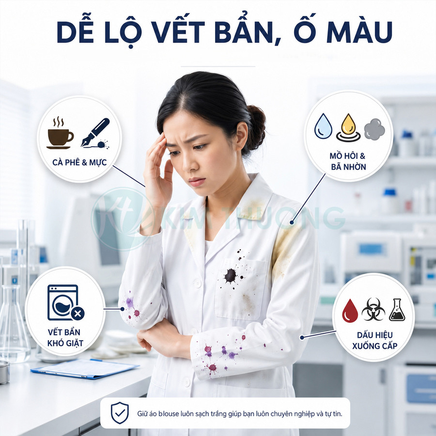 Áo blouse trắng dính cà phê mực mồ hôi và vết bẩn khó giặt khiến nữ nhân viên phòng thí nghiệm lo lắng