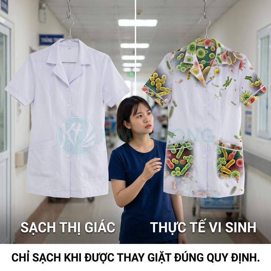 Đồng phục y tế trắng treo cạnh áo minh họa dính vi khuẩn, nhấn mạnh giặt thay đúng quy định