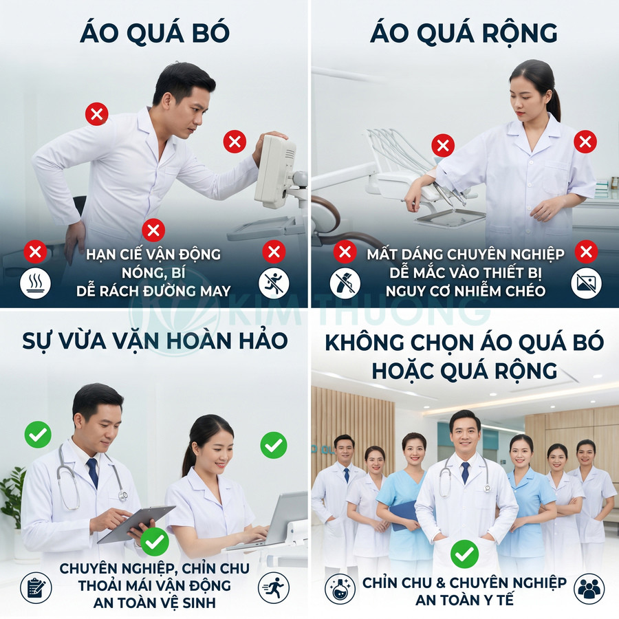 Bộ đồng phục bác sĩ y tá vừa vặn, chuyên nghiệp, thoải mái vận động, không quá bó hoặc quá rộng