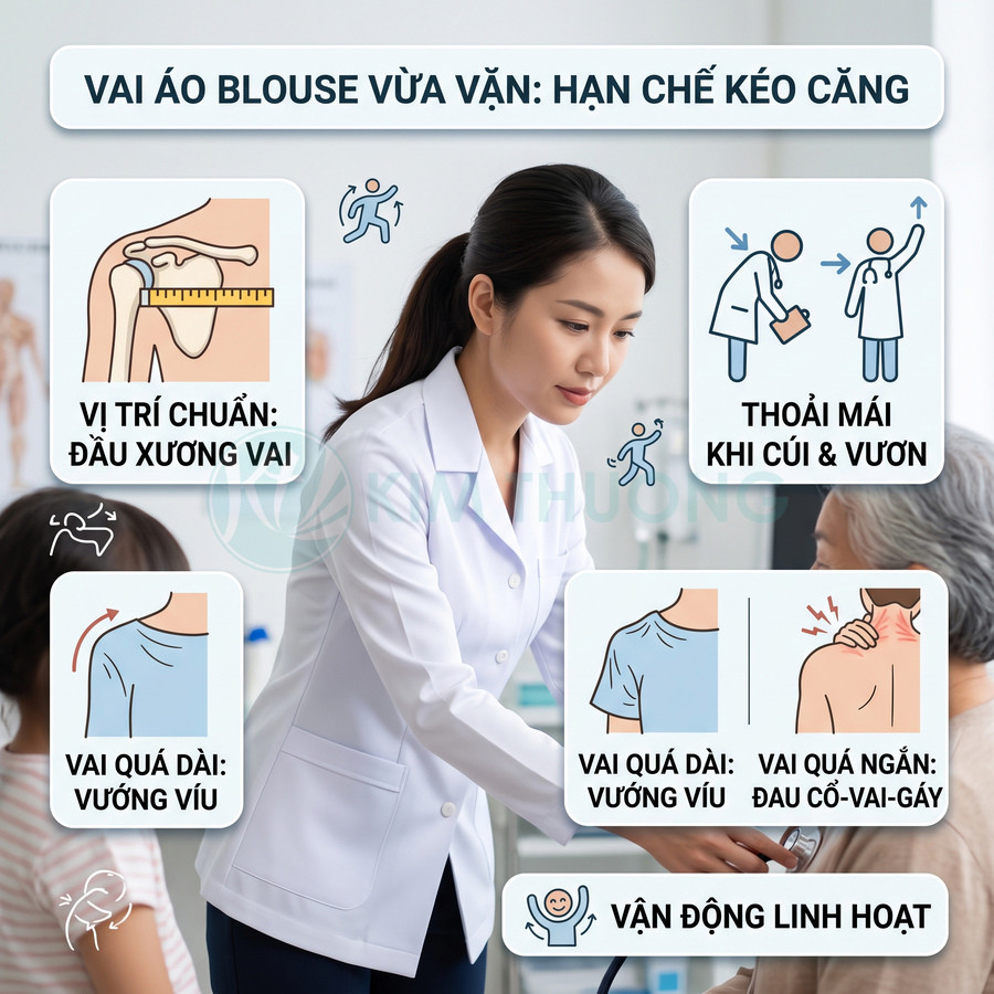 Bác sĩ nữ mặc áo blouse trắng vừa vặn, vai áo chuẩn giúp vận động linh hoạt khi khám cho bệnh nhân