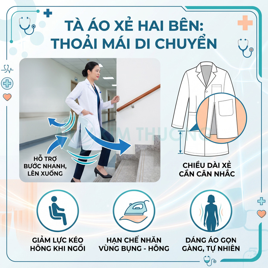 Áo blouse bác sĩ xẻ hai bên hỗ trợ di chuyển thoải mái, dáng gọn gàng hạn chế nhăn vùng bụng hông