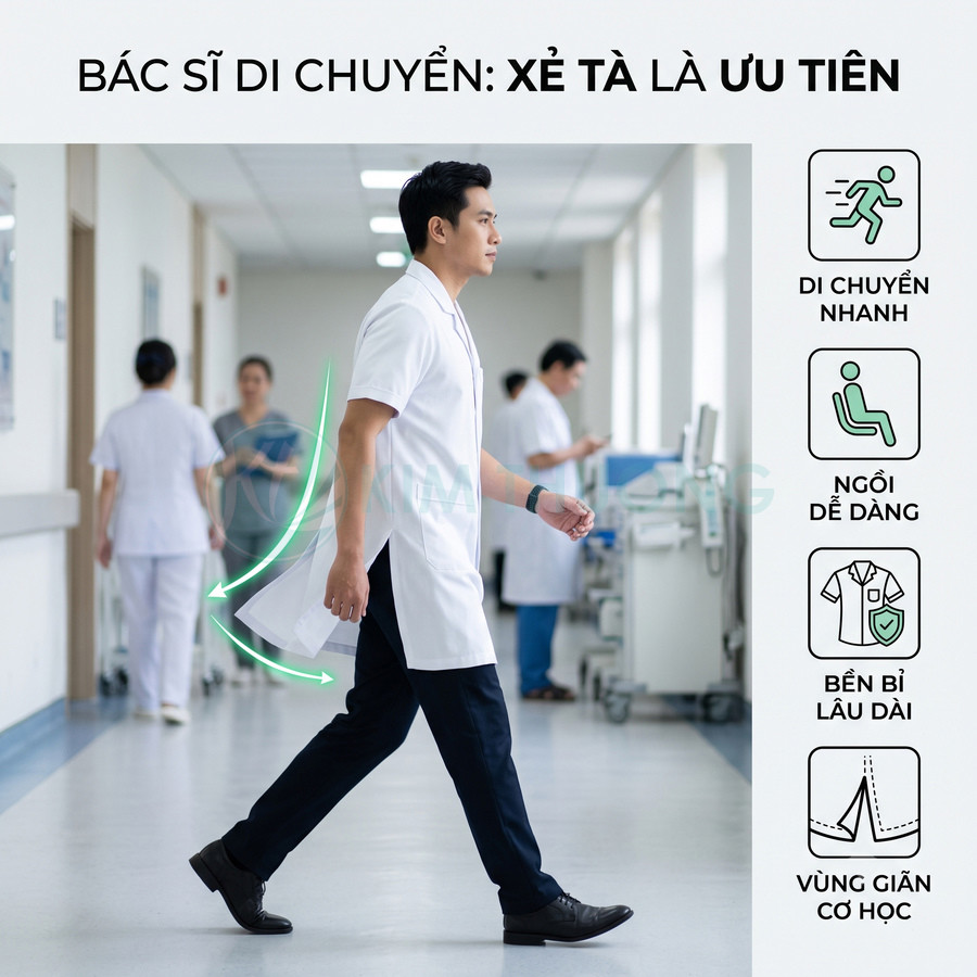 Bác sĩ nam mặc áo blouse xẻ tà di chuyển trong hành lang bệnh viện, minh họa áo blouse dễ vận động