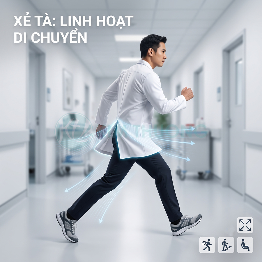 Áo blouse bác sĩ xẻ tà sau giúp linh hoạt di chuyển trong hành lang bệnh viện