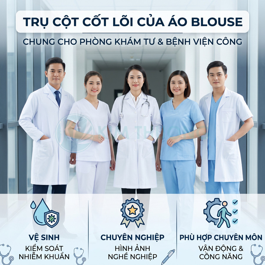 Nhóm bác sĩ y tá mặc áo blouse và đồng phục y tế trắng xanh đứng trong hành lang bệnh viện