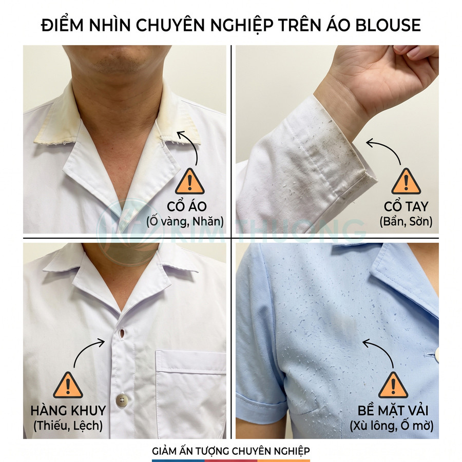 Áo blouse y tế bị ố vàng cổ áo, cổ tay bẩn sờn, hàng khuy lệch thiếu và bề mặt vải xù lông giảm tính chuyên nghiệp