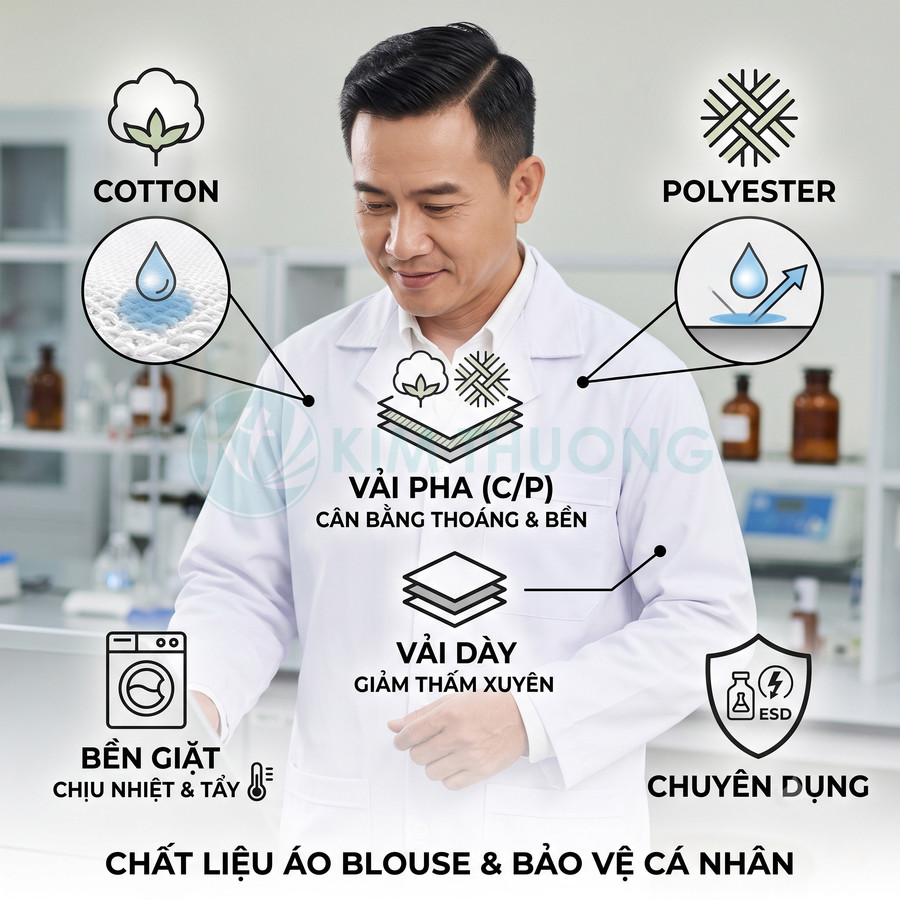 Áo blouse phòng thí nghiệm vải pha cotton polyester dày, bền giặt, chuyên dụng bảo vệ cá nhân cho nhân viên y tế