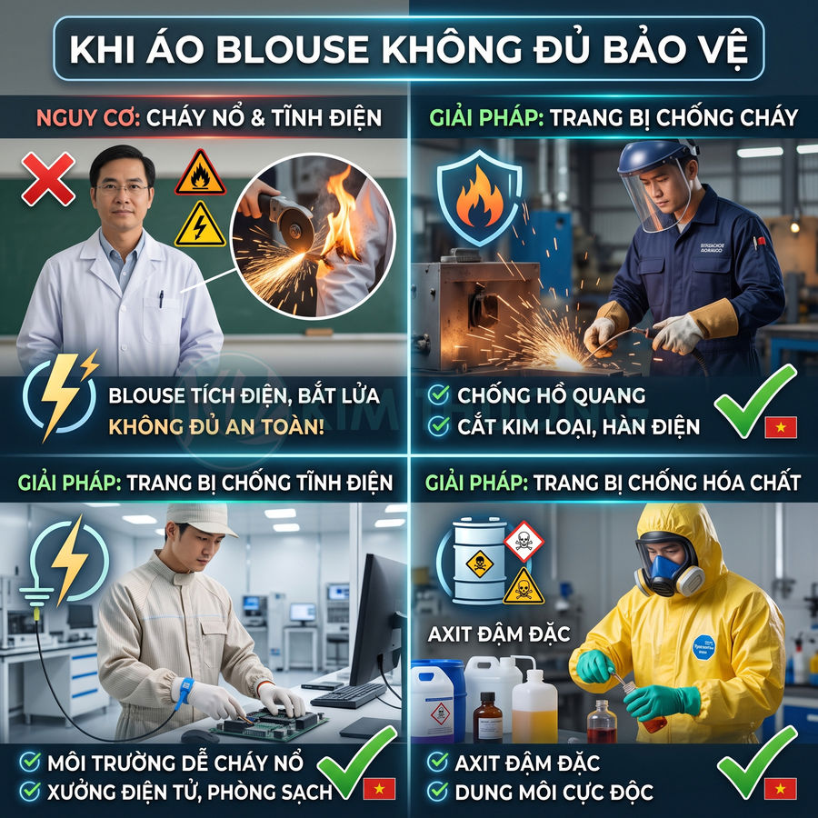 Infographic so sánh áo blouse thường với đồ bảo hộ chống cháy, chống tĩnh điện và chống hóa chất trong môi trường nguy hiểm