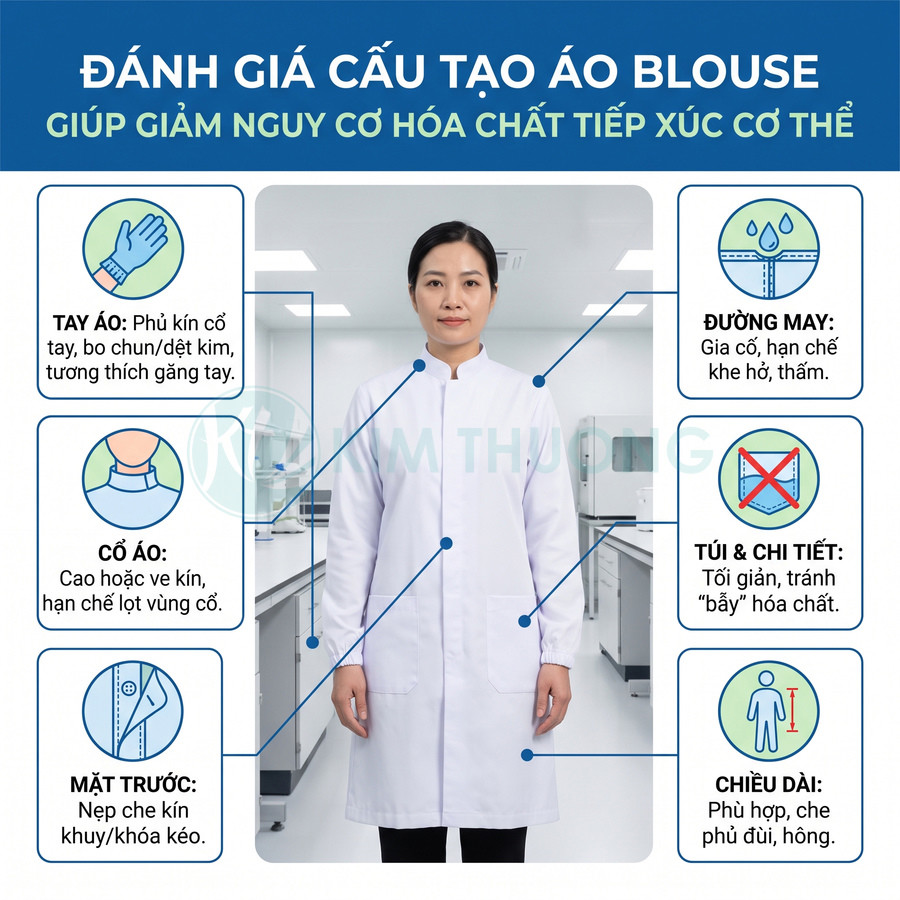 Áo blouse phòng thí nghiệm màu trắng dáng dài, cổ cao, tay bo chun và nẹp trước che kín khuy khóa kéo
