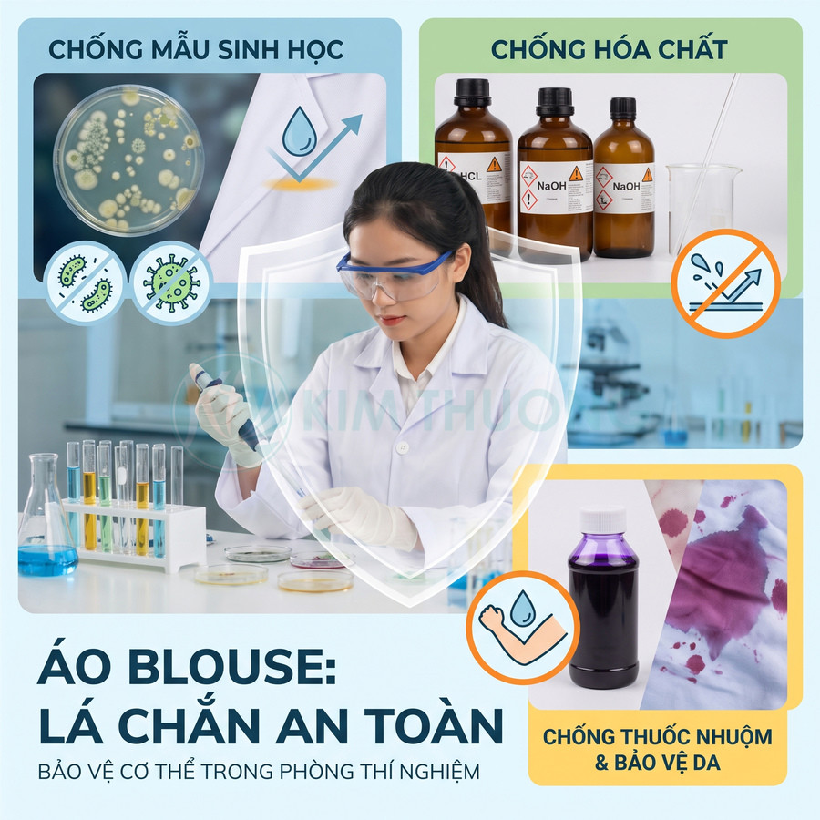 Áo blouse phòng thí nghiệm bảo vệ cơ thể khỏi mẫu sinh học, hóa chất và thuốc nhuộm
