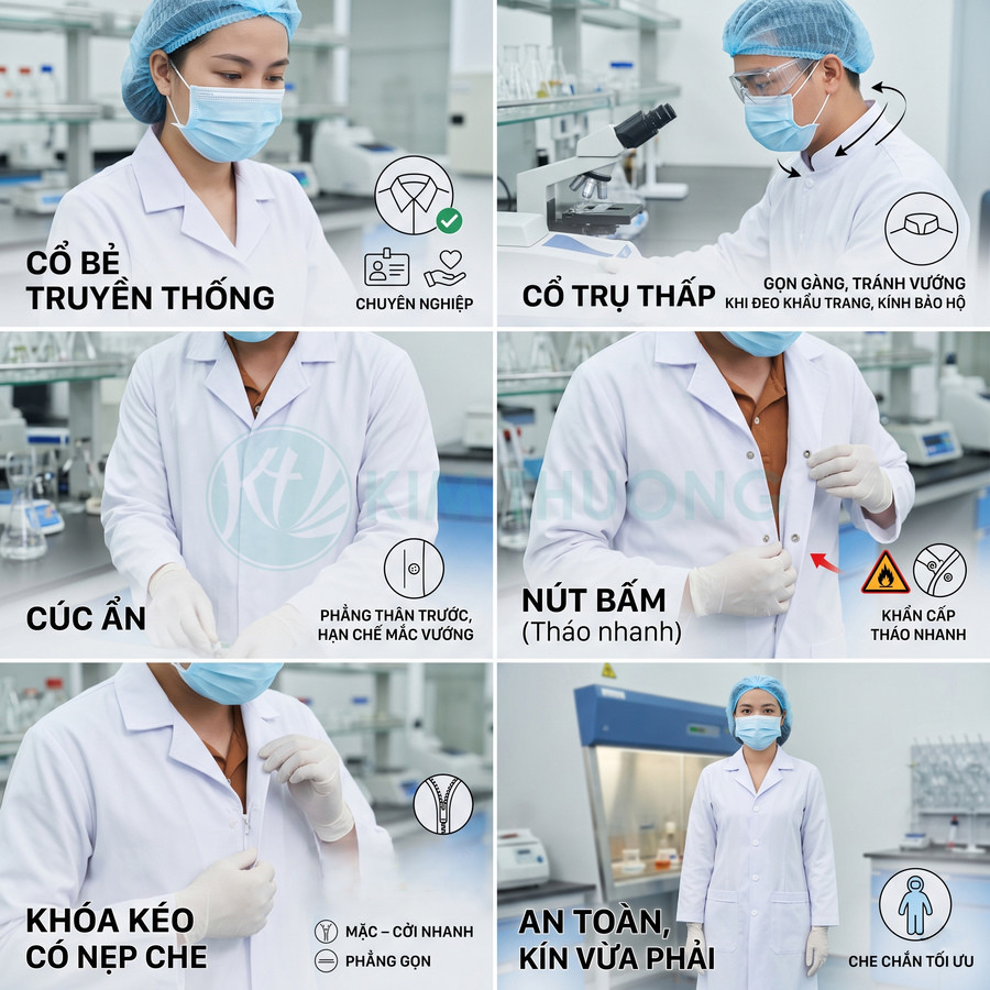 Áo blouse phòng thí nghiệm trắng cổ truyền thống, nhiều kiểu cài nút và khóa kéo, nhân viên y tế đang mặc trong lab
