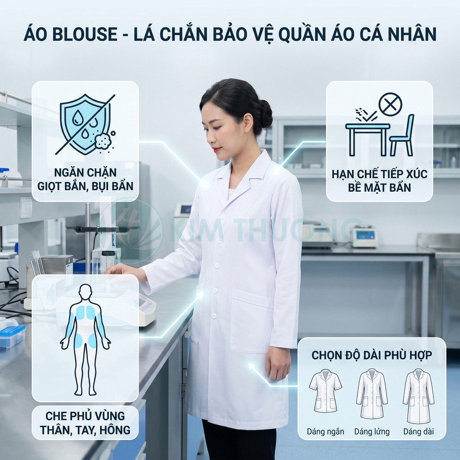 Áo blouse trắng bảo hộ phòng thí nghiệm cho nhân viên y tế, che phủ cơ thể và hạn chế bám bẩn