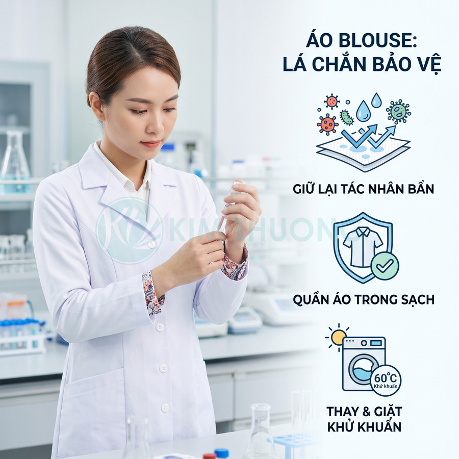 Nữ nhân viên phòng thí nghiệm mặc áo blouse trắng cài cúc, điều chỉnh tay áo trong không gian phòng lab sạch
