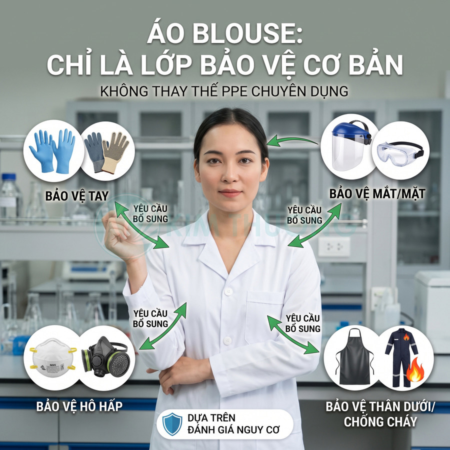 Nhân viên phòng thí nghiệm mặc áo blouse trắng, minh họa các trang bị bảo hộ PPE bổ sung cần thiết