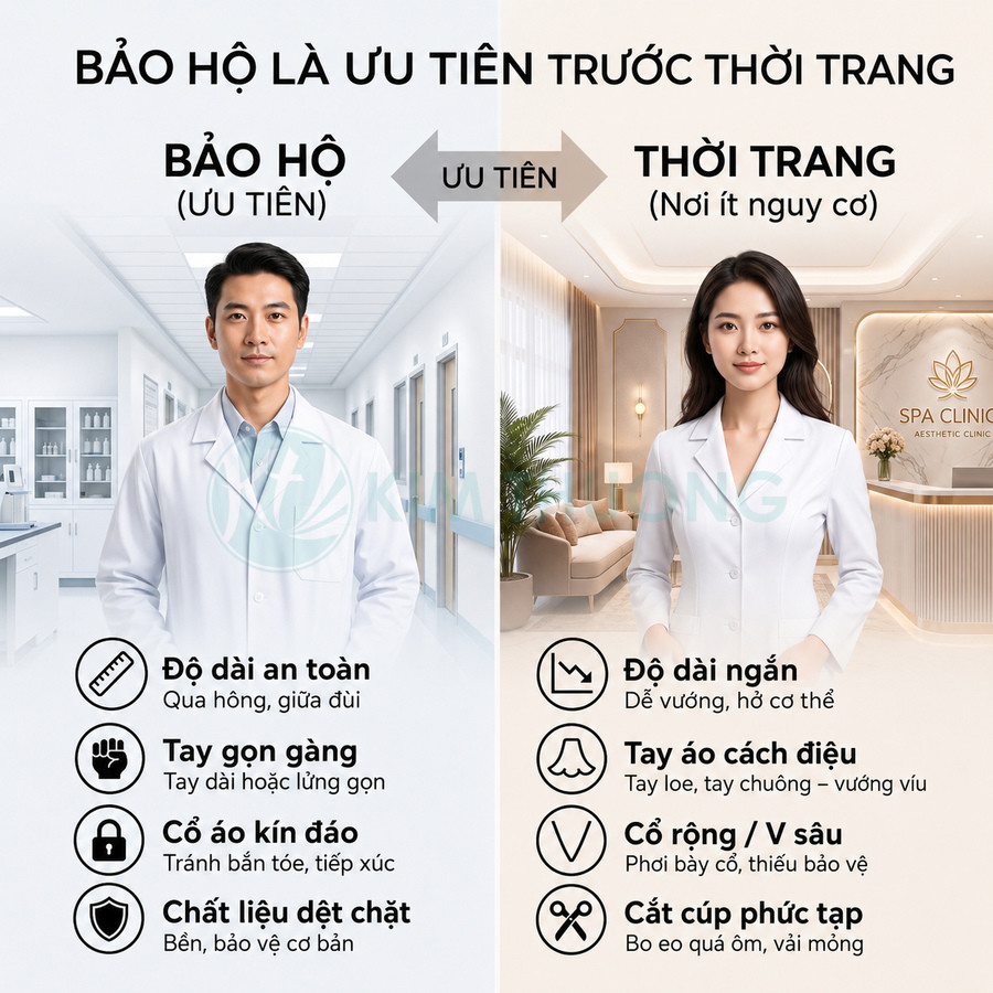 So sánh áo blouse bảo hộ y tế an toàn với áo blouse thời trang cho spa clinic trong môi trường làm việc