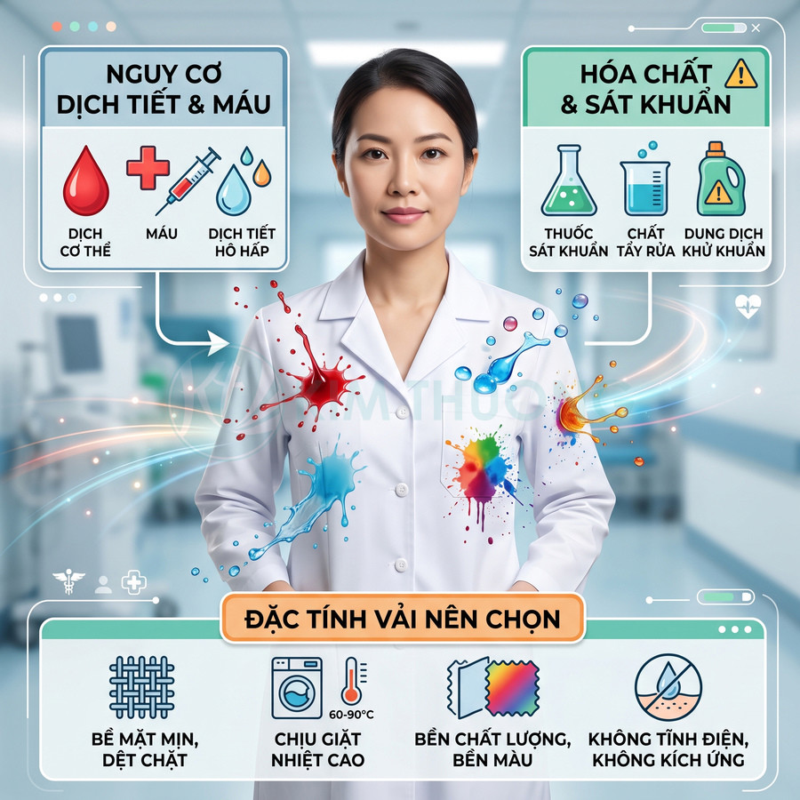 Áo blouse y tế chống bám dịch tiết máu và hóa chất, vải mịn bền màu chịu giặt nhiệt cao, không kích ứng da