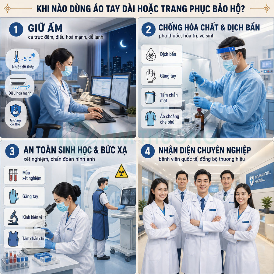 Nhân viên y tế mặc áo blouse và đồ bảo hộ làm việc trong bệnh viện, phòng xét nghiệm hiện đại