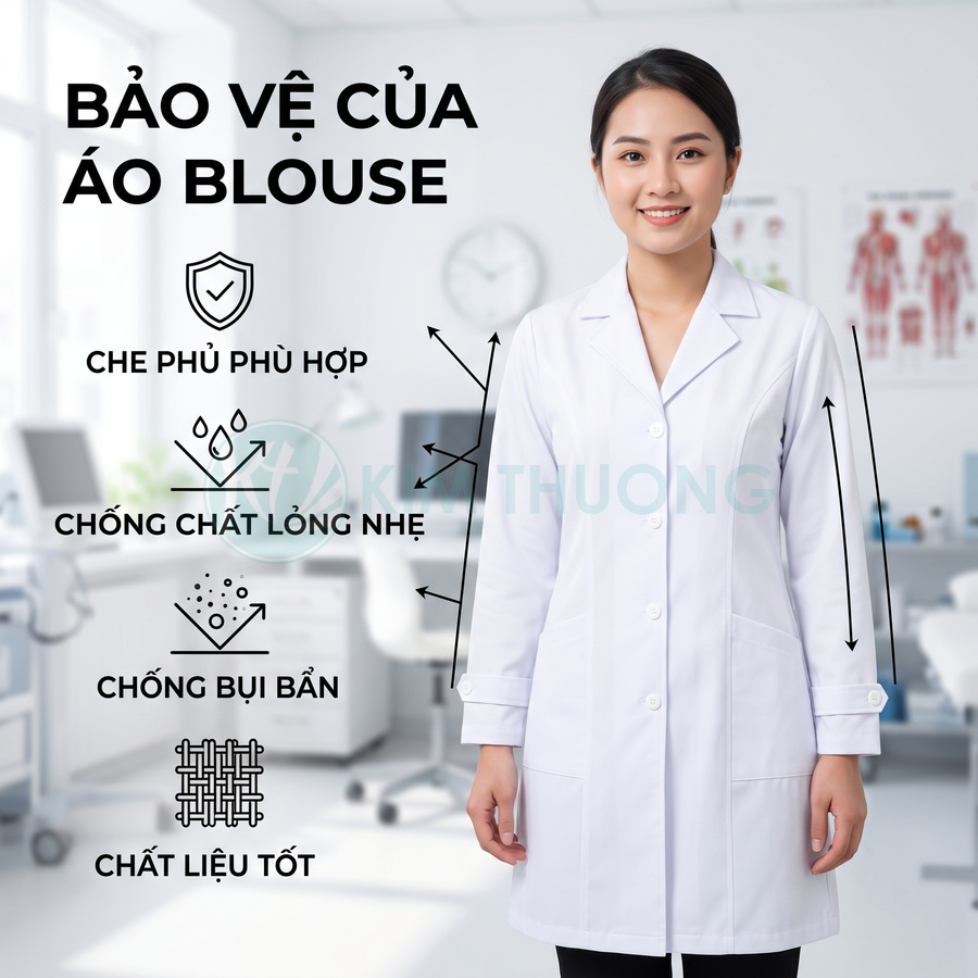 Áo blouse trắng nữ dài tay chất liệu tốt chống bụi bẩn và chất lỏng nhẹ trong phòng khám