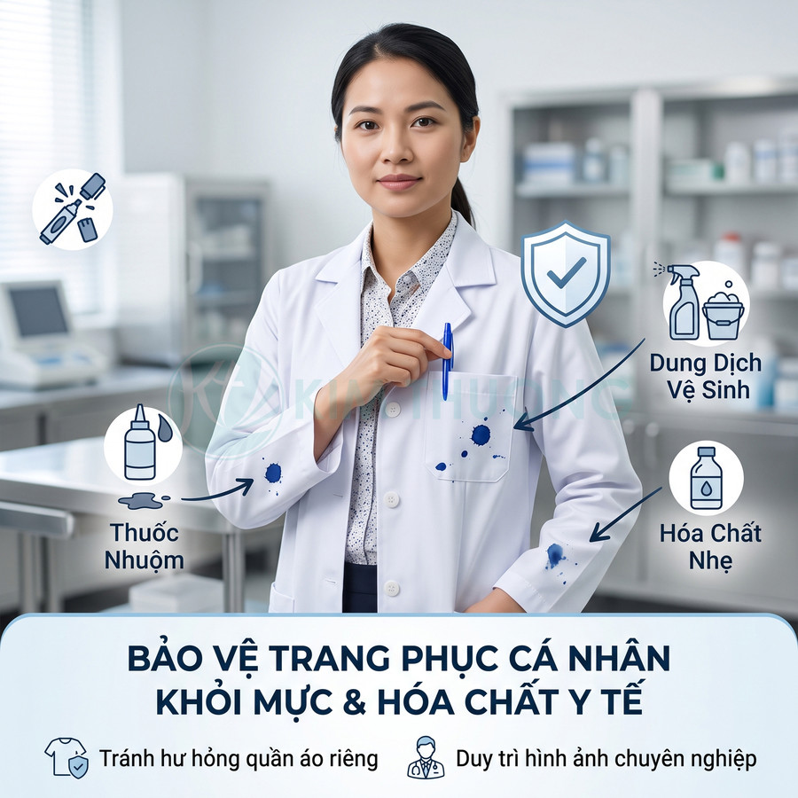Áo blouse bảo hộ y tế chống dính mực và hóa chất giúp bảo vệ trang phục và giữ hình ảnh chuyên nghiệp