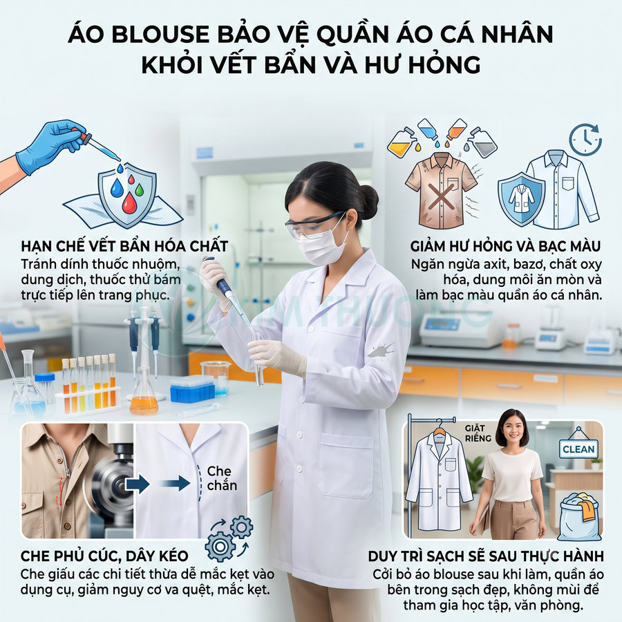 Áo blouse trắng bảo hộ cho nữ kỹ thuật viên phòng thí nghiệm giúp bảo vệ quần áo cá nhân khỏi hóa chất và vết bẩn