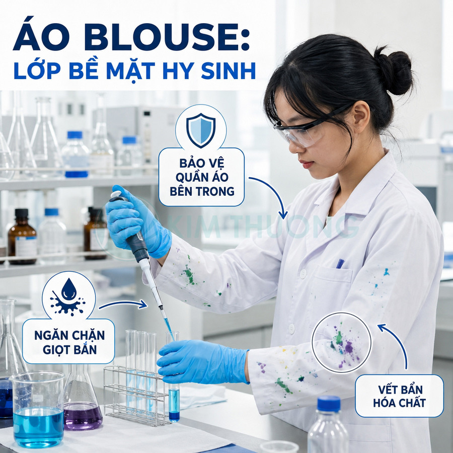 Nữ kỹ thuật viên mặc áo blouse trắng dính vết bẩn hóa chất đang thao tác ống nghiệm trong phòng thí nghiệm