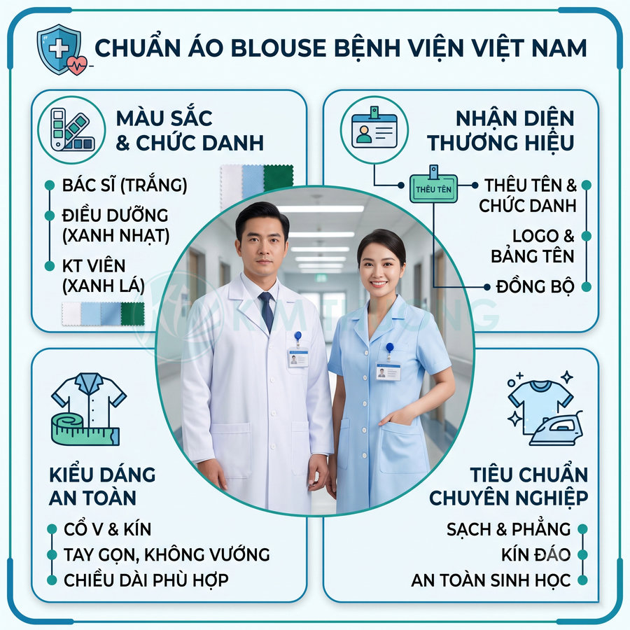 Bộ áo blouse bệnh viện Việt Nam cho bác sĩ màu trắng và điều dưỡng màu xanh nhạt, thiết kế cổ kín chuyên nghiệp