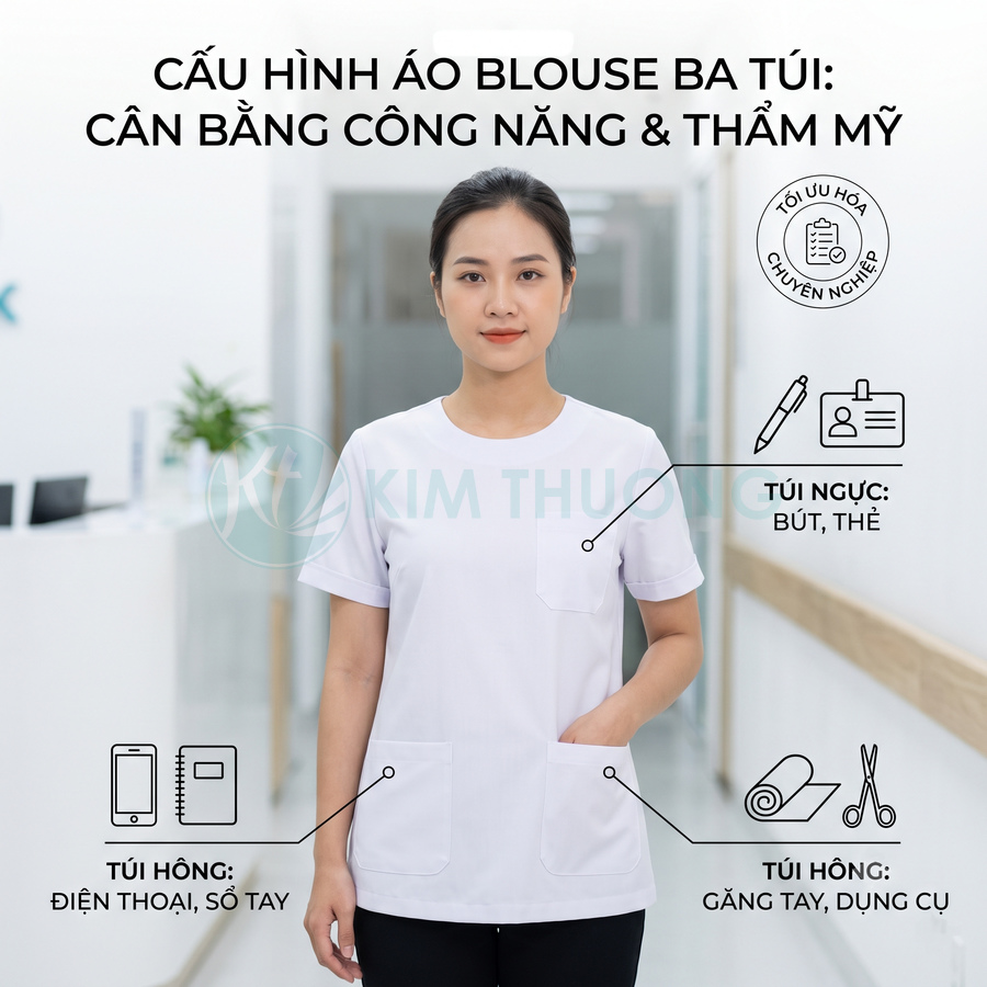 Áo blouse y tá trắng ba túi Kim Thưỡng, thiết kế tiện dụng đựng bút, thẻ, điện thoại và dụng cụ y tế