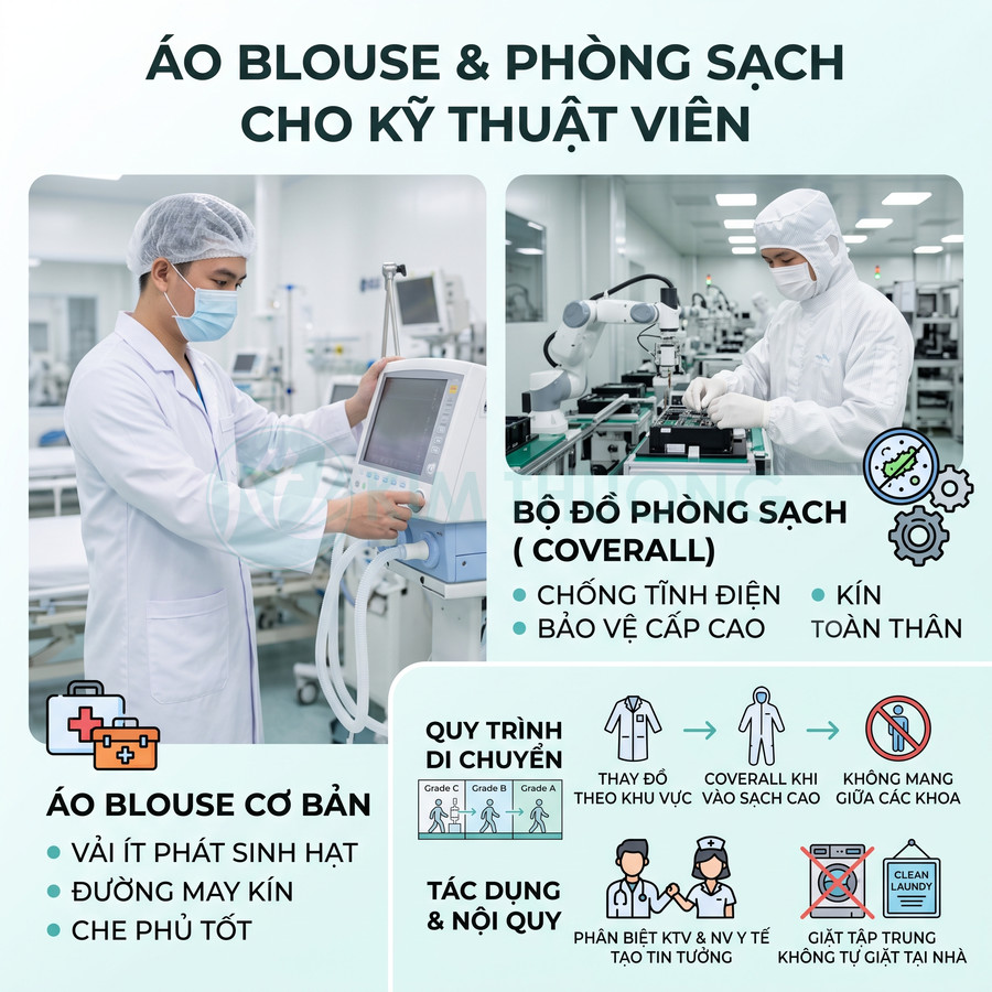 Áo blouse và đồ phòng sạch cho kỹ thuật viên trong phòng thí nghiệm, mô tả tính năng chống tĩnh điện và bảo vệ toàn thân