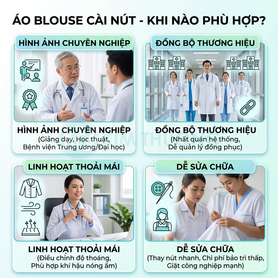 Áo blouse cài nút cho bác sĩ và nhân viên y tế, phù hợp môi trường bệnh viện, chuyên nghiệp, thoải mái và dễ sửa chữa