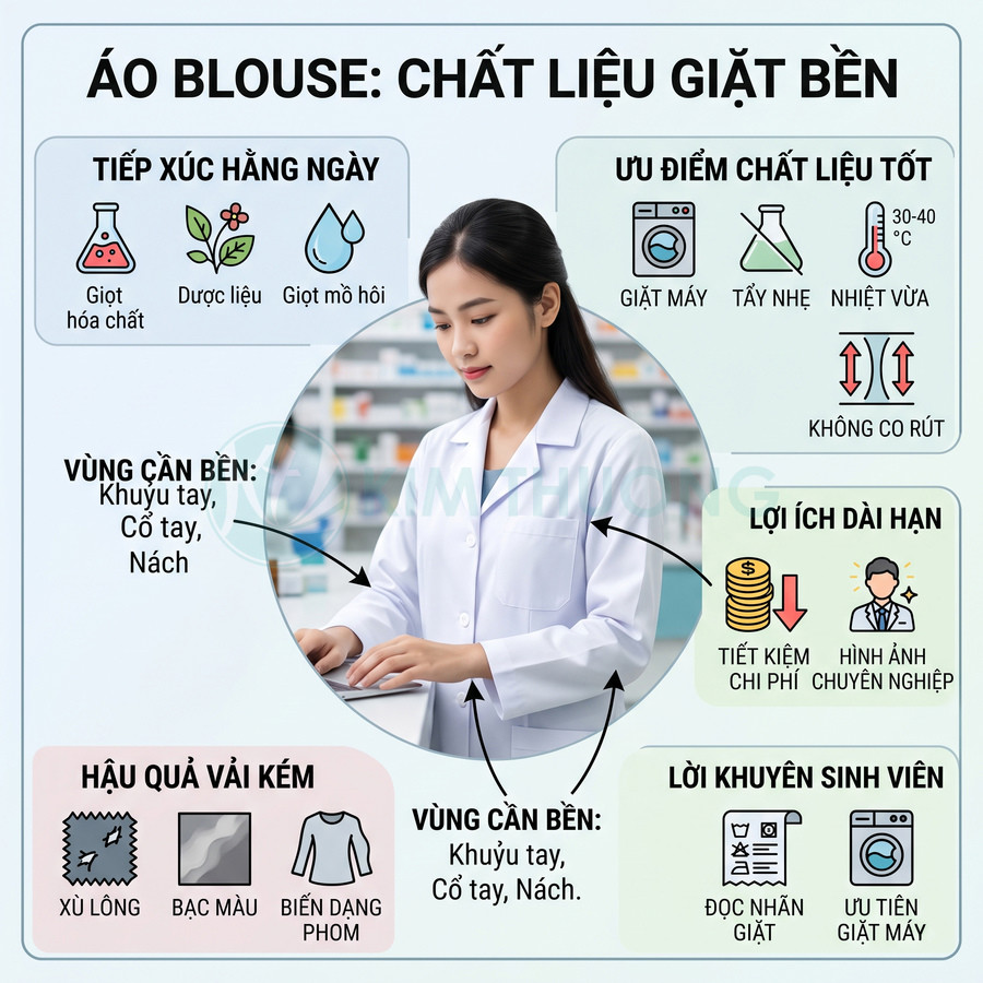 Áo blouse trắng chất liệu bền đẹp cho sinh viên y dược, dễ giặt máy, không co rút, giữ phom lâu dài