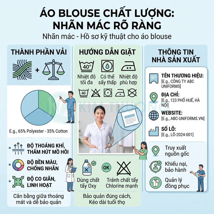 Infographic hướng dẫn chọn áo blouse chất lượng với thành phần vải, cách giặt và thông tin nhà sản xuất