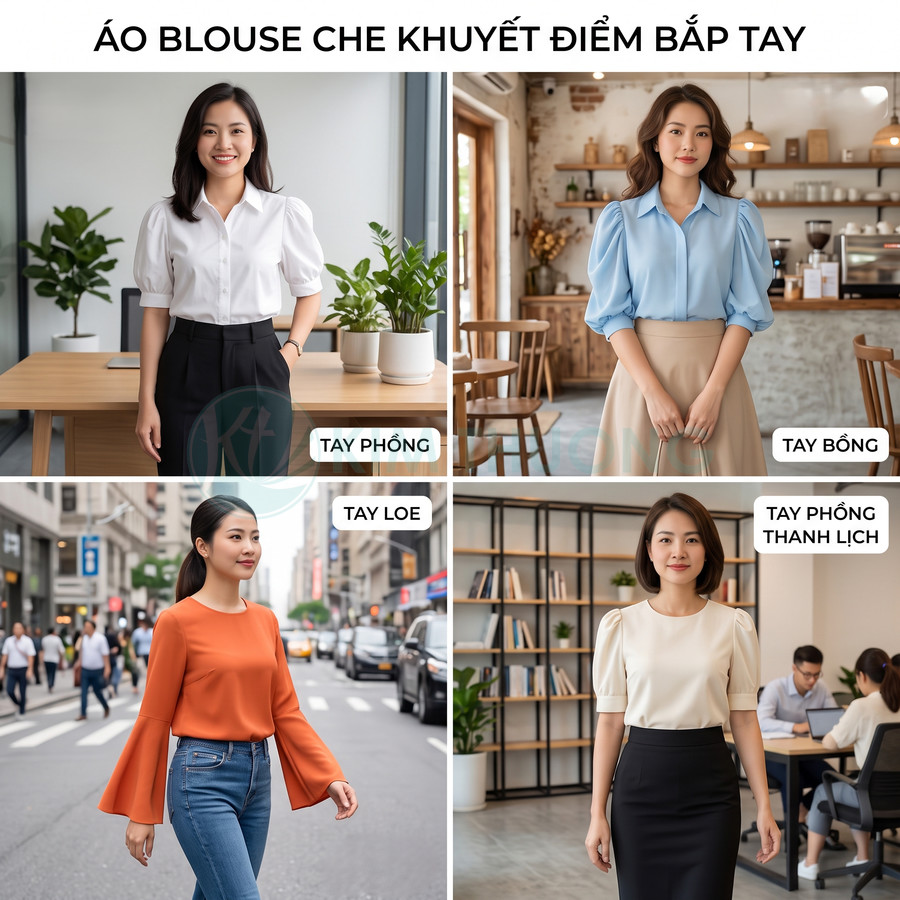 Các mẫu áo blouse nữ tay phồng tay loe che khuyết điểm bắp tay phối cùng chân váy và quần công sở