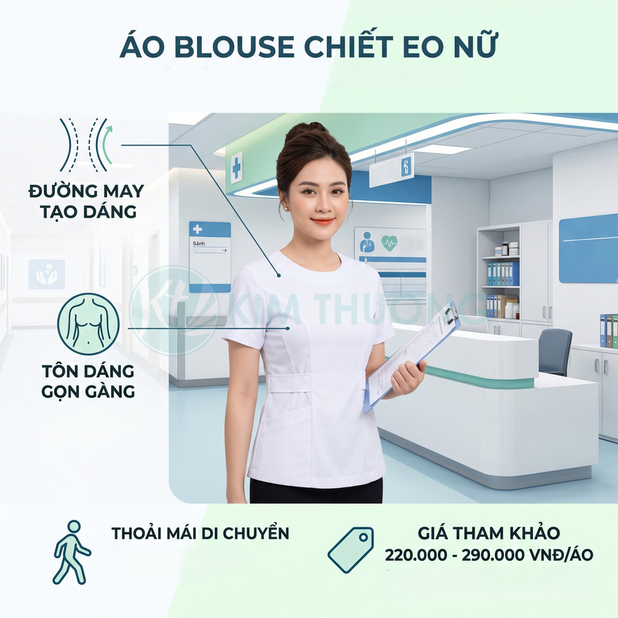 Áo blouse chiết eo nữ màu trắng cho nhân viên y tế, thiết kế tôn dáng gọn gàng, thoải mái khi di chuyển