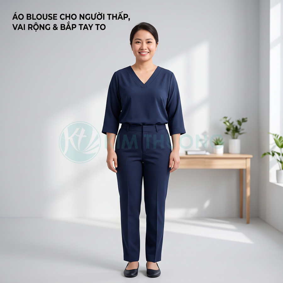 Áo blouse xanh cổ tim tay lửng cho người thấp vai rộng, phối quần tây xanh navy lịch sự