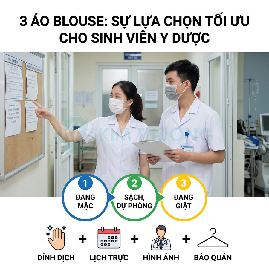 Sinh viên y dược mặc áo blouse trắng và khẩu trang y tế trong bệnh viện, xem thông báo và cầm hồ sơ