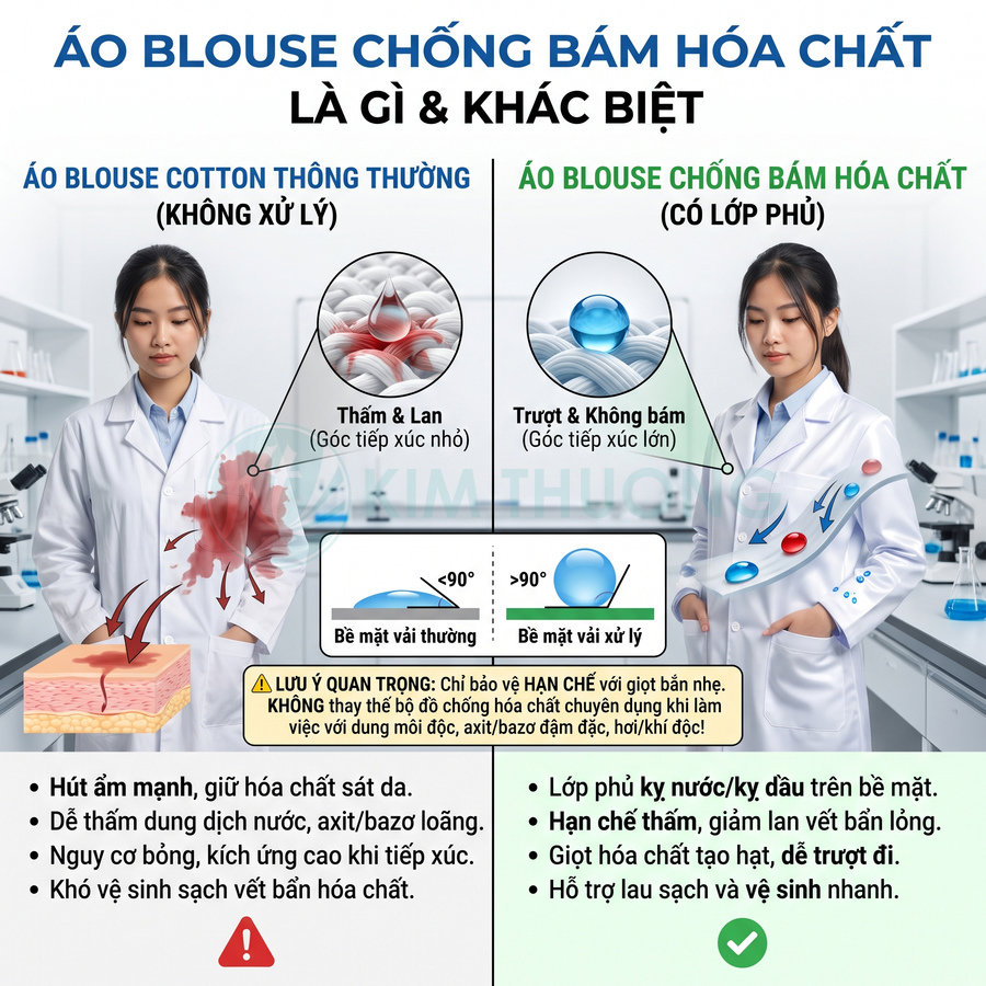 Áo blouse có lớp phủ chống bám hóa chất giúp giọt chất lỏng trượt khỏi bề mặt vải