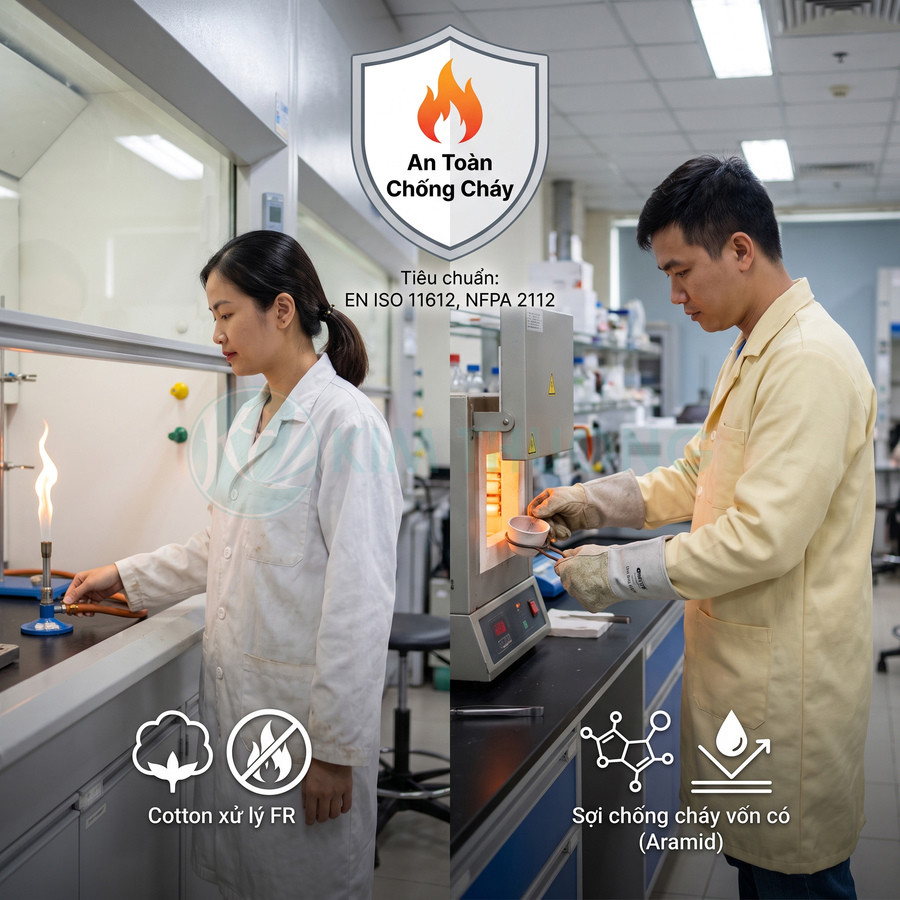 Áo blouse phòng thí nghiệm chống cháy bằng cotton xử lý FR và sợi aramid, đạt chuẩn EN ISO 11612 và NFPA 2112