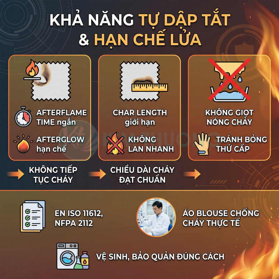 Áo blouse chống cháy với khả năng tự dập tắt lửa, hạn chế cháy lan và giọt nóng chảy, đạt chuẩn EN ISO 11612 và NFPA 2112