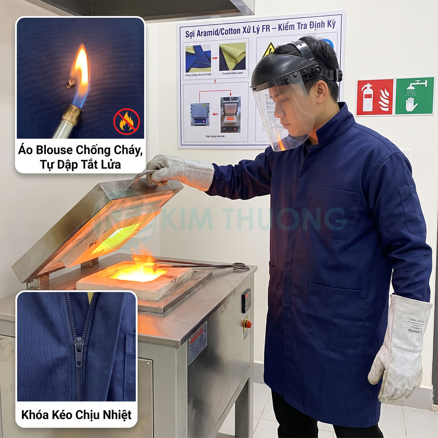 Áo blouse chống cháy màu xanh đậm với khóa kéo chịu nhiệt đang được thử nghiệm gần ngọn lửa.