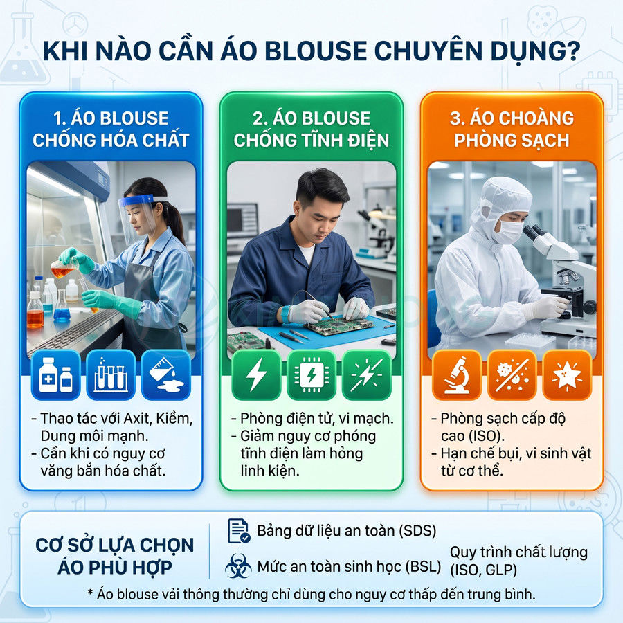 Các loại áo blouse chuyên dụng chống hóa chất, chống tĩnh điện và áo choàng phòng sạch cho phòng thí nghiệm