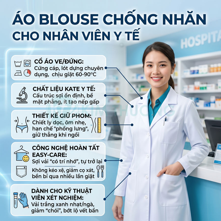 Áo blouse trắng chống nhăn cho nhân viên y tế, chất liệu kate y tế, thiết kế giữ phom, cổ áo ve đứng chuyên dụng