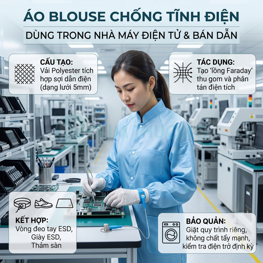 Áo blouse chống tĩnh điện màu xanh cho kỹ thuật viên làm việc trong nhà máy điện tử và bán dẫn
