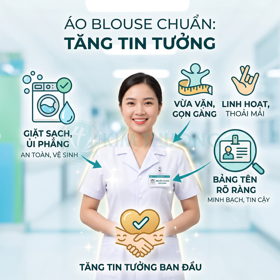 Nữ điều dưỡng mặc áo blouse trắng sạch sẽ, vừa vặn, bảng tên rõ ràng trong bệnh viện hiện đại