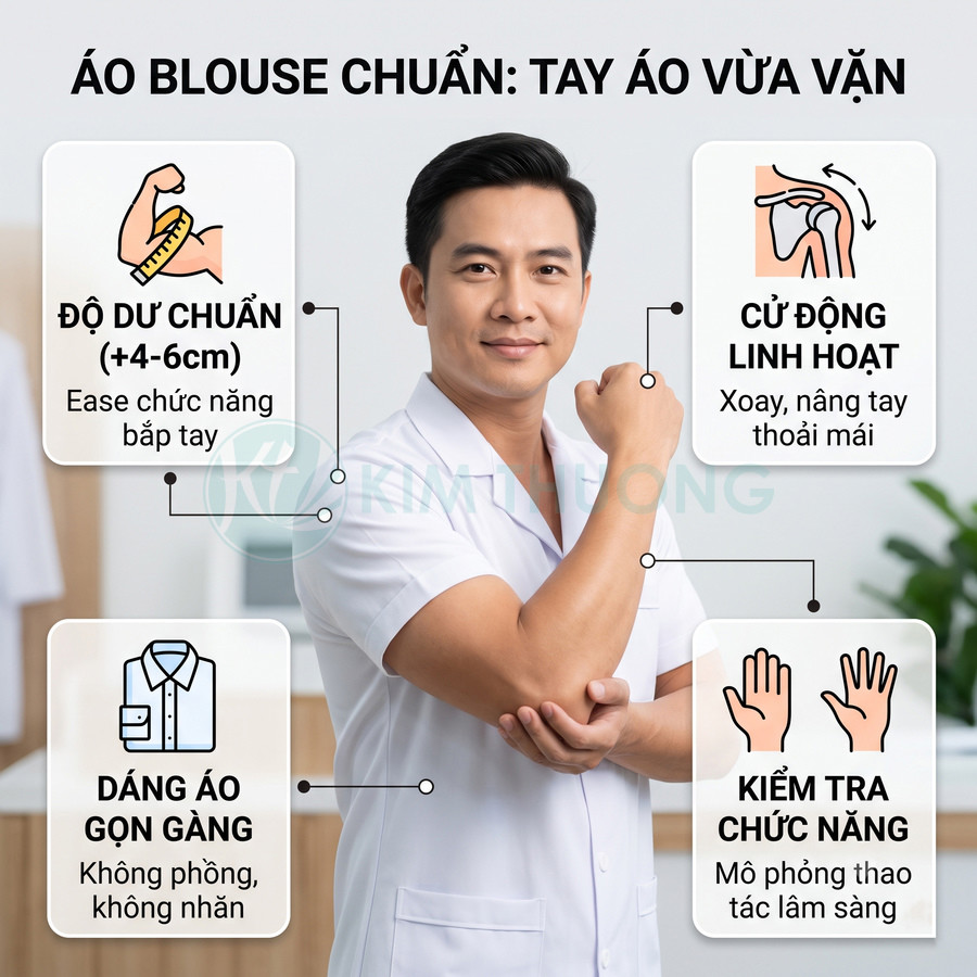 Áo blouse nam tay ngắn vừa vặn, dáng gọn gàng, giúp cử động tay linh hoạt và phù hợp thao tác lâm sàng