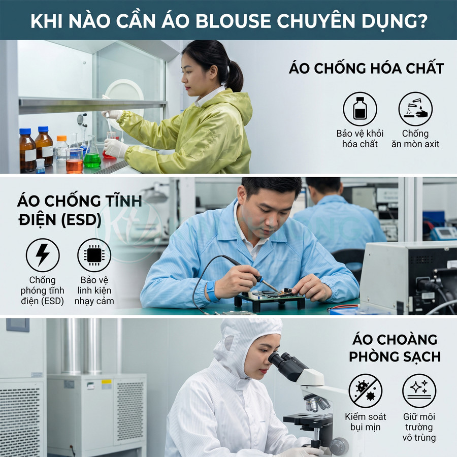 Các loại áo blouse chuyên dụng chống hóa chất, chống tĩnh điện và áo choàng phòng sạch trong phòng thí nghiệm