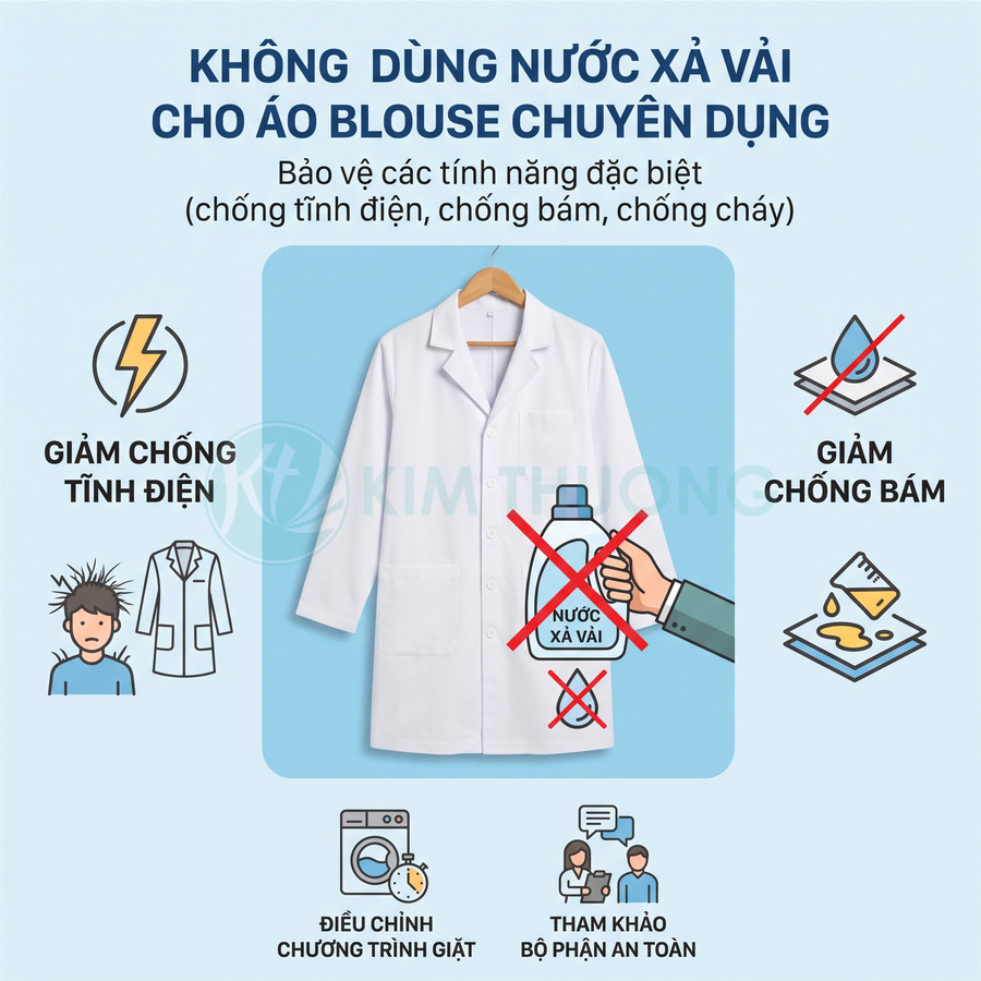Áo blouse trắng chuyên dụng, khuyến cáo không dùng nước xả vải để bảo vệ tính năng chống tĩnh điện, chống bám và chống cháy
