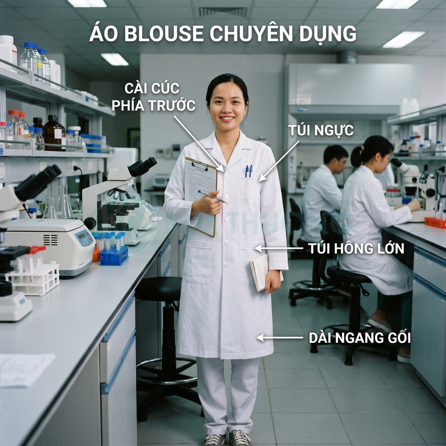 Áo blouse trắng chuyên dụng cho bác sĩ với cài cúc phía trước, túi ngực và túi hông lớn trong phòng thí nghiệm