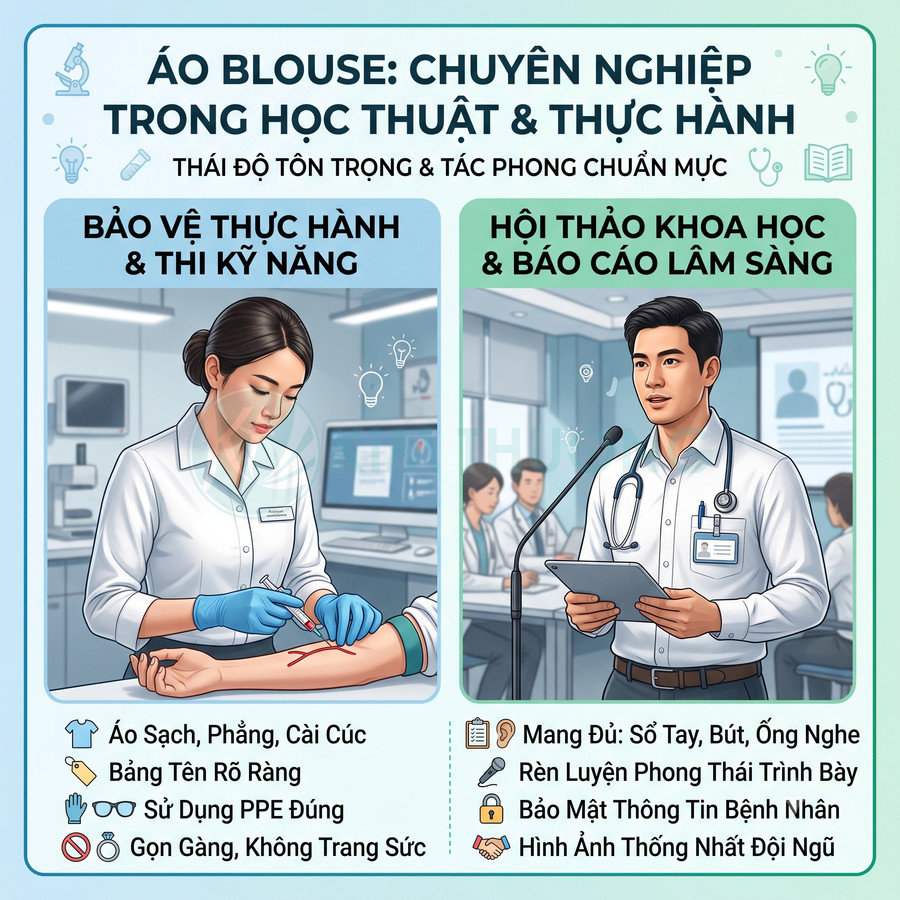 Áo blouse trắng y khoa chuyên nghiệp cho thực hành lâm sàng và hội thảo báo cáo trong bệnh viện
