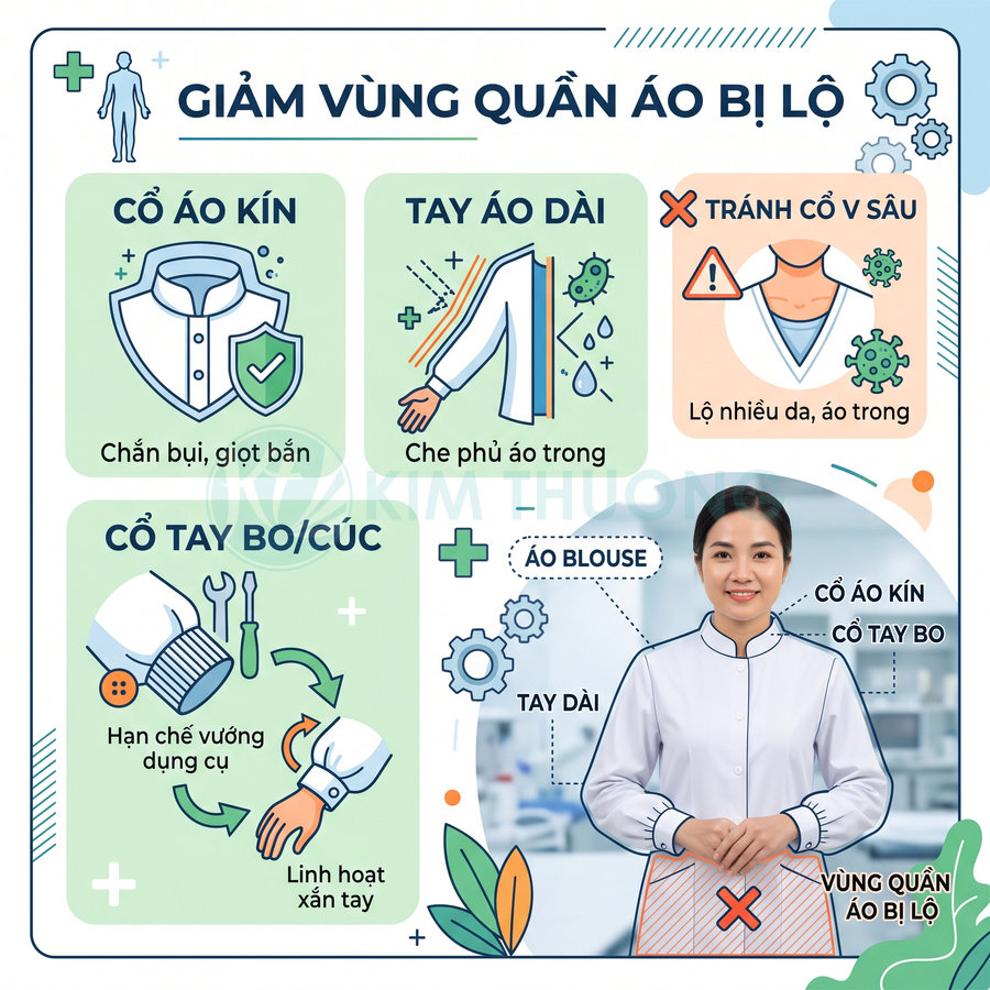 Áo blouse y tế cổ kín tay dài cổ tay bo giúp che phủ vùng quần áo bị lộ trong môi trường làm việc