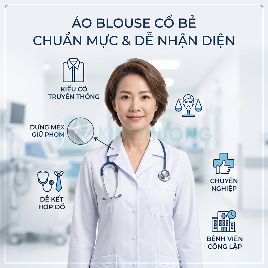 Áo blouse cổ bẻ trắng cho bác sĩ nữ, kiểu cổ truyền thống, dễ kết hợp phụ kiện trong bệnh viện