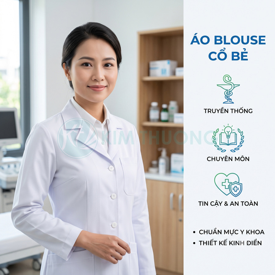 Áo blouse cổ bẻ trắng cho bác sĩ nữ thiết kế dài tay chuẩn mực y khoa trong phòng khám